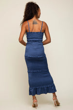 PinkBlush Blue Satin Smocked Fitted Maxi Dress - 