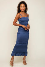 PinkBlush Blue Satin Smocked Fitted Maxi Dress - 