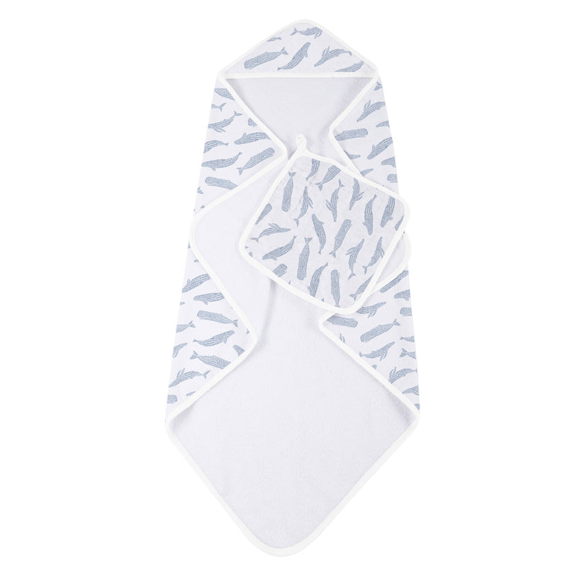 Blue Shadow Whales Bamboo Hooded Towel and Washcloth Set for Kids Newcastle Classics