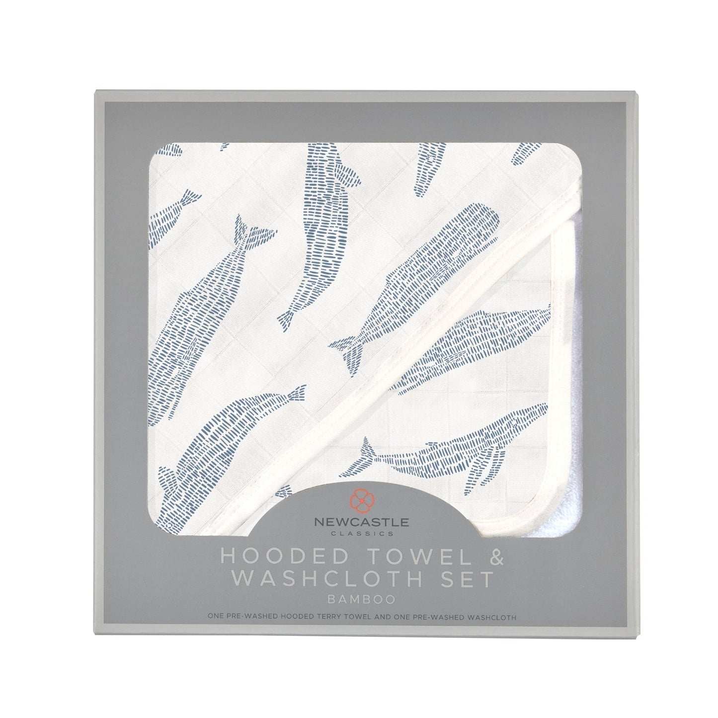 Blue Shadow Whales Bamboo Hooded Towel and Washcloth Set for Kids Newcastle Classics