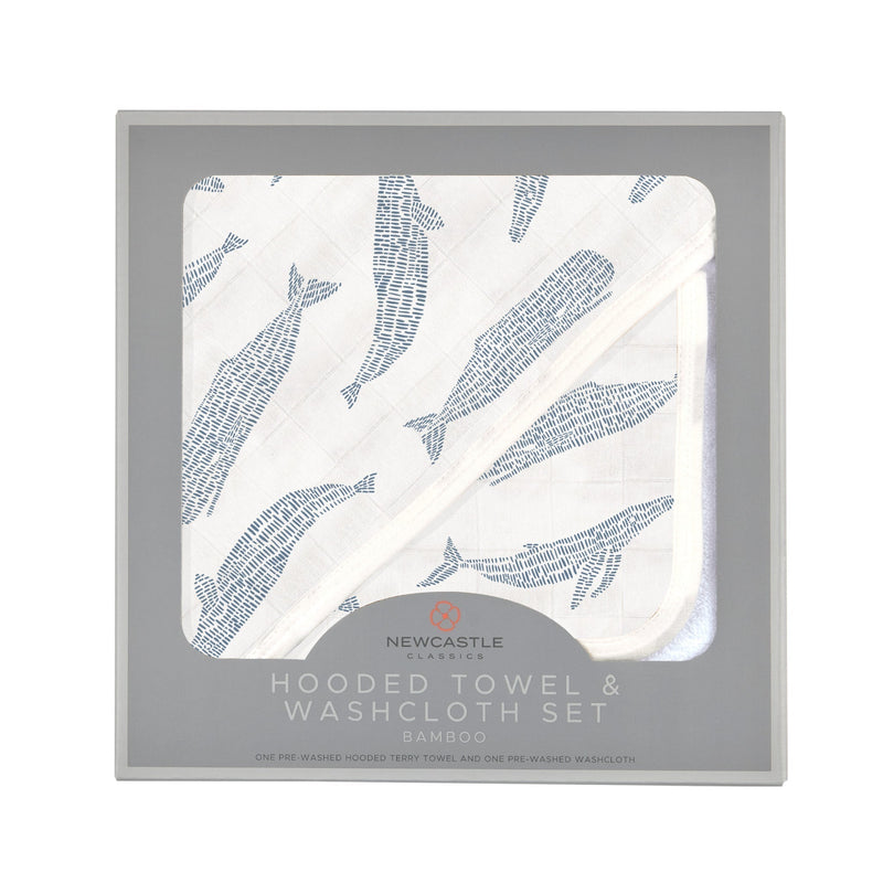 Blue Shadow Whales Bamboo Hooded Towel and Washcloth Set for Kids Newcastle Classics