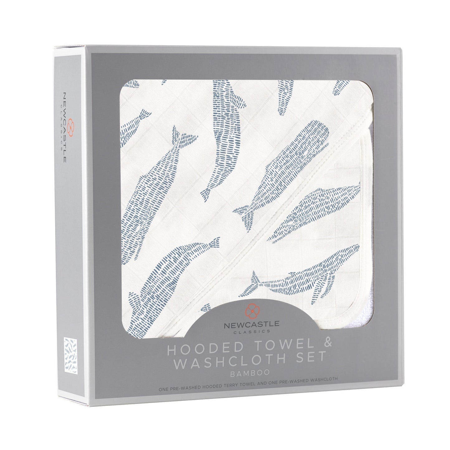 Blue Shadow Whales Bamboo Hooded Towel and Washcloth Set for Kids Newcastle Classics
