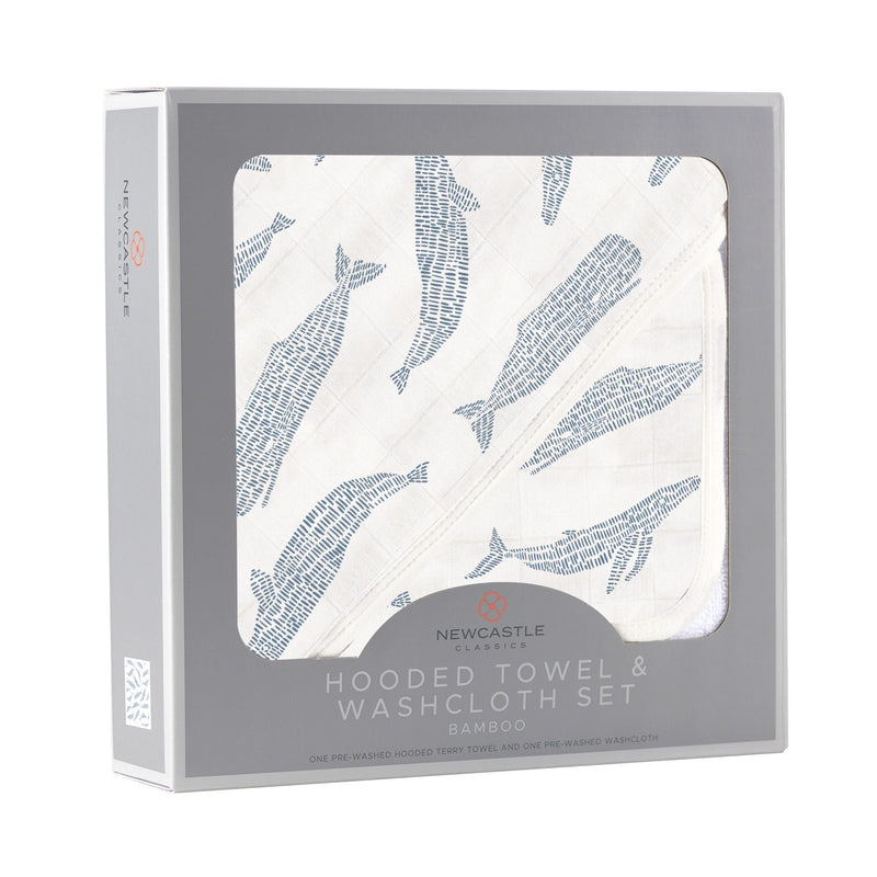 Blue Shadow Whales Bamboo Hooded Towel and Washcloth Set for Kids Newcastle Classics
