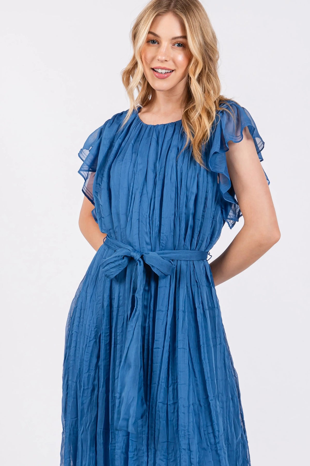 PinkBlush Blue Short Sleeve Crinkle Self Tie Dress - 