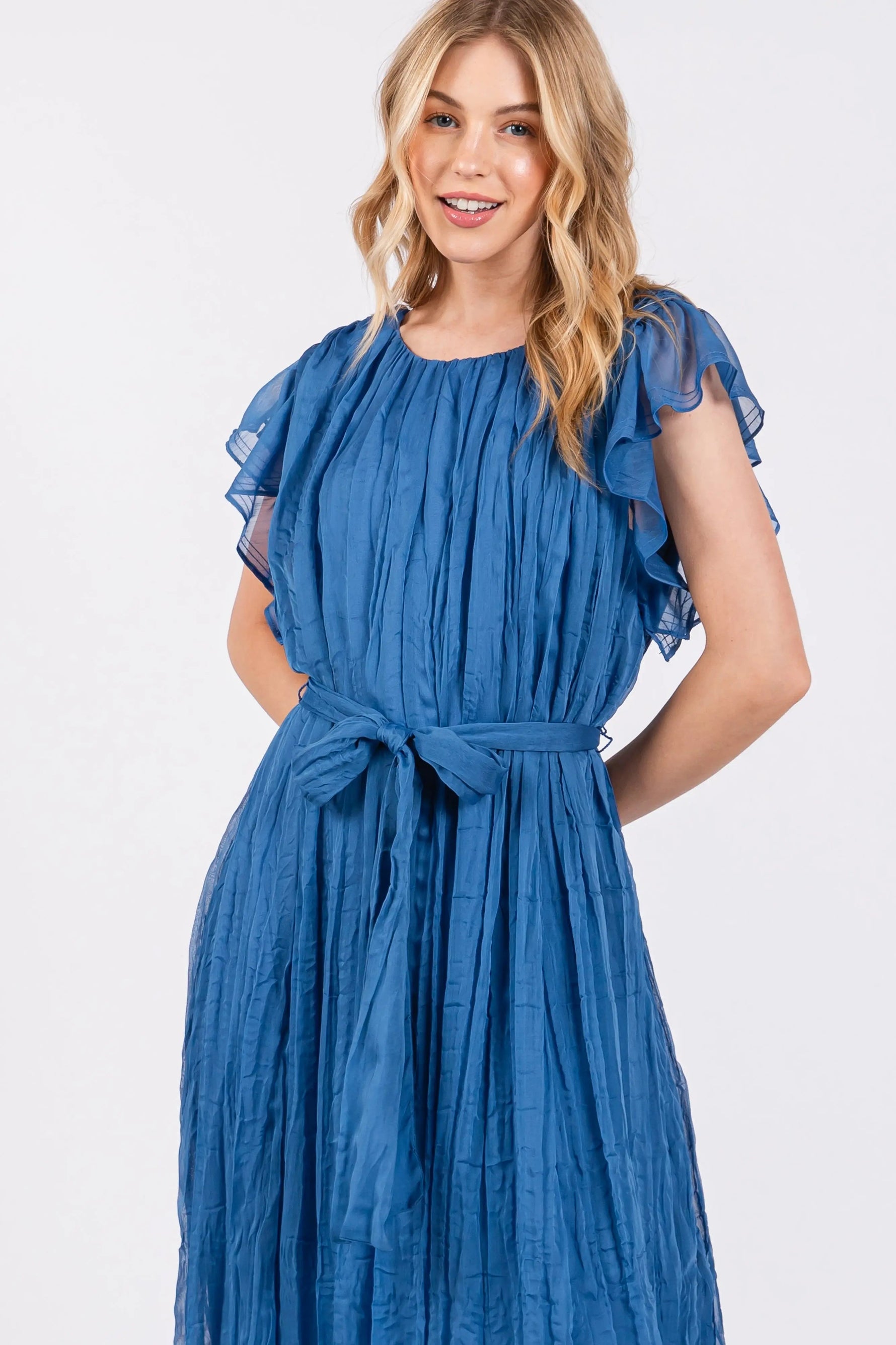 PinkBlush Blue Short Sleeve Crinkle Self Tie Dress - 