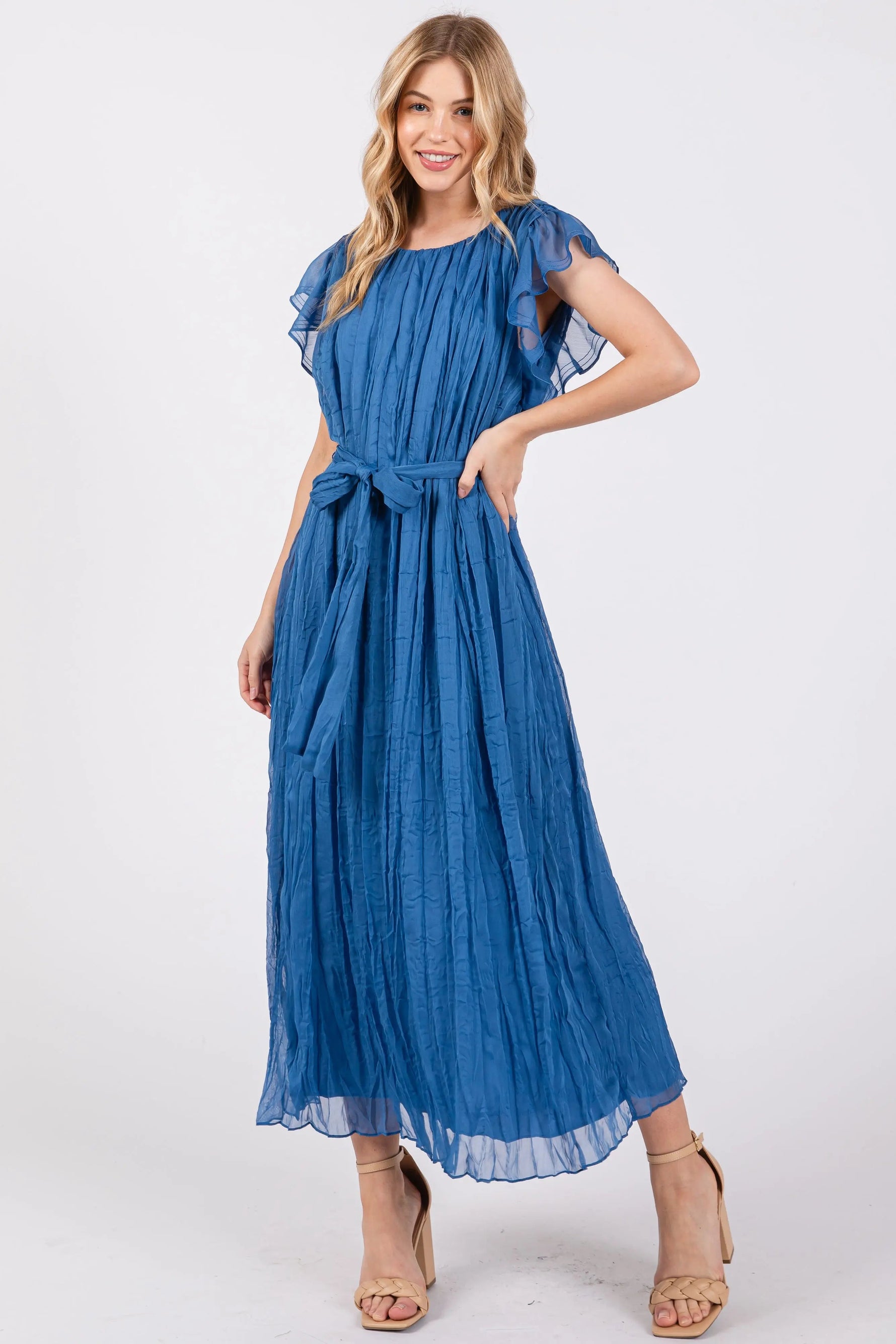 PinkBlush Blue Short Sleeve Crinkle Self Tie Dress - 