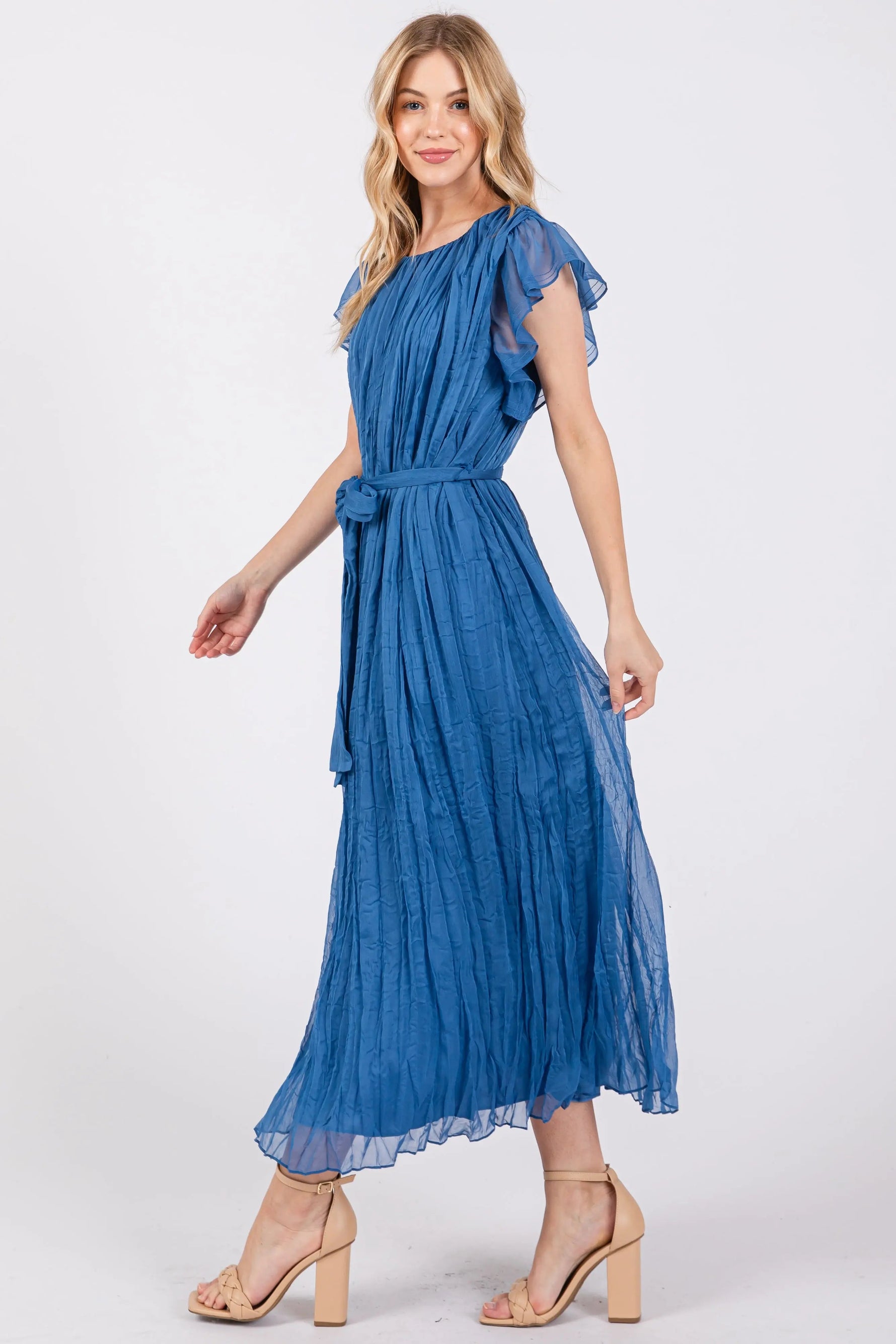 PinkBlush Blue Short Sleeve Crinkle Self Tie Dress - 