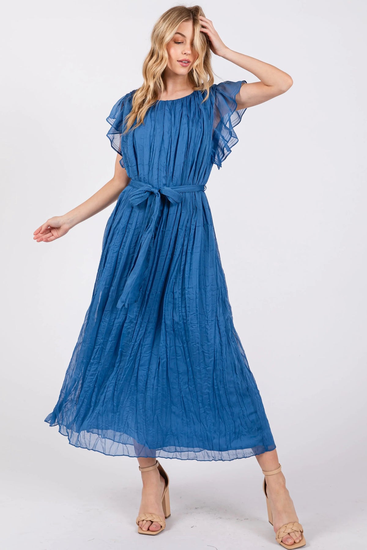 PinkBlush Blue Short Sleeve Crinkle Self Tie Dress - 