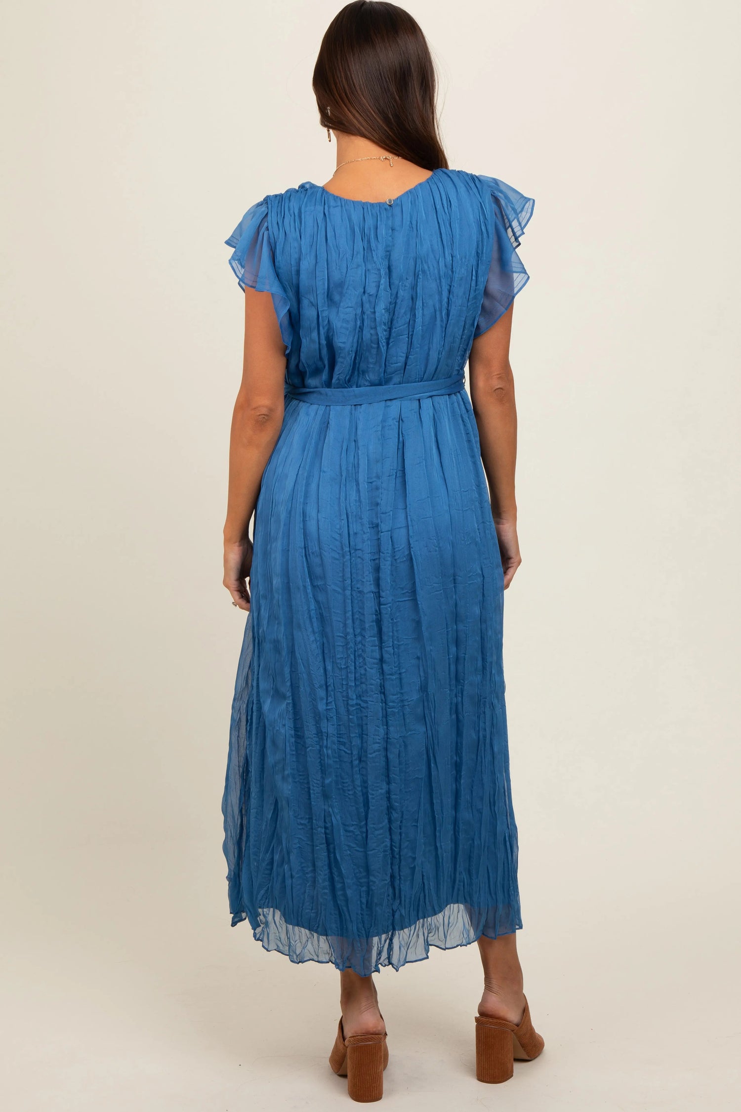 PinkBlush Blue Short Sleeve Crinkle Self Tie Maternity Dress - 