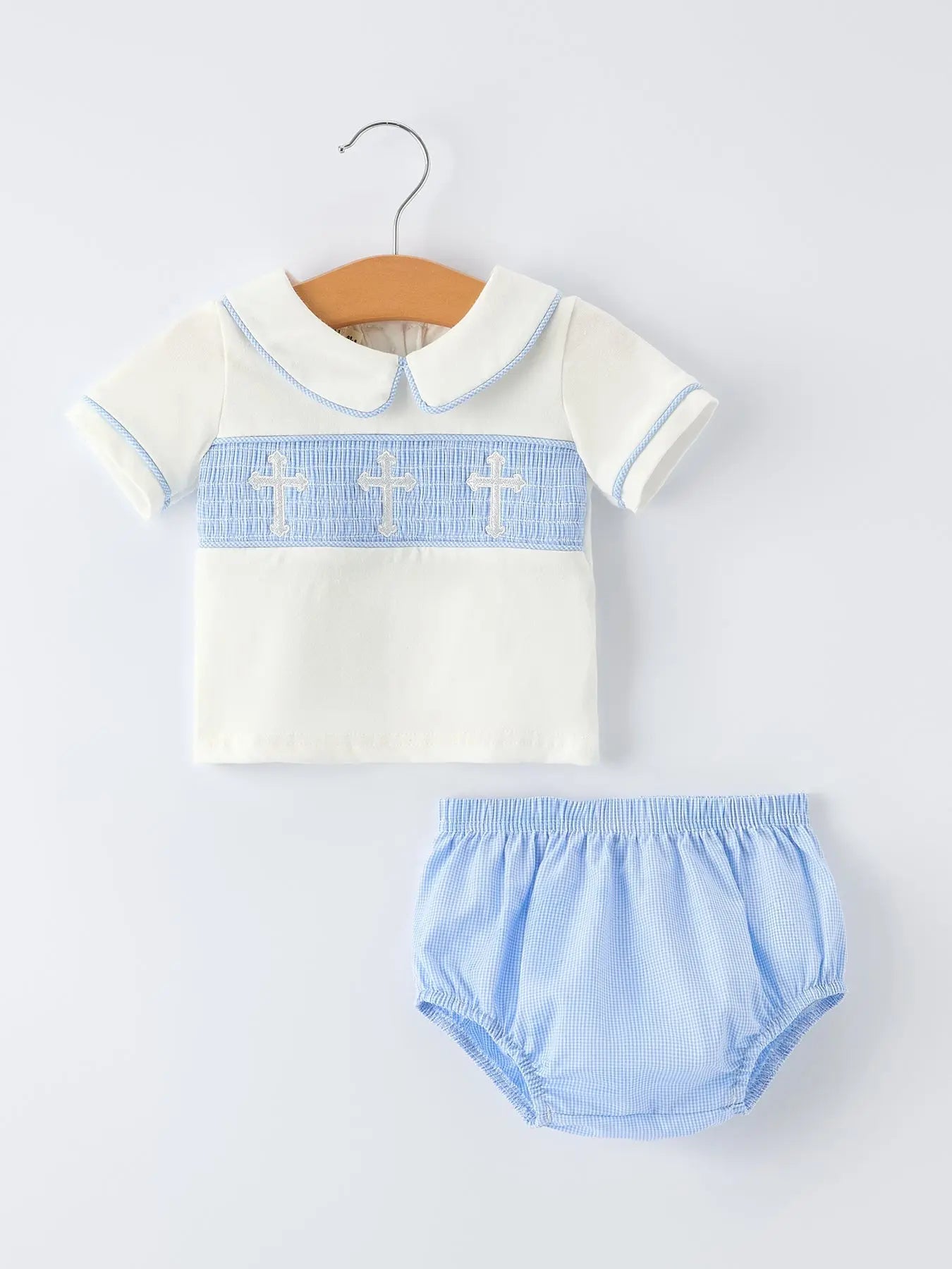 Blue Smocked Christening Bishop Bloomer Set For Baby Boy Rylee Faith Designs 