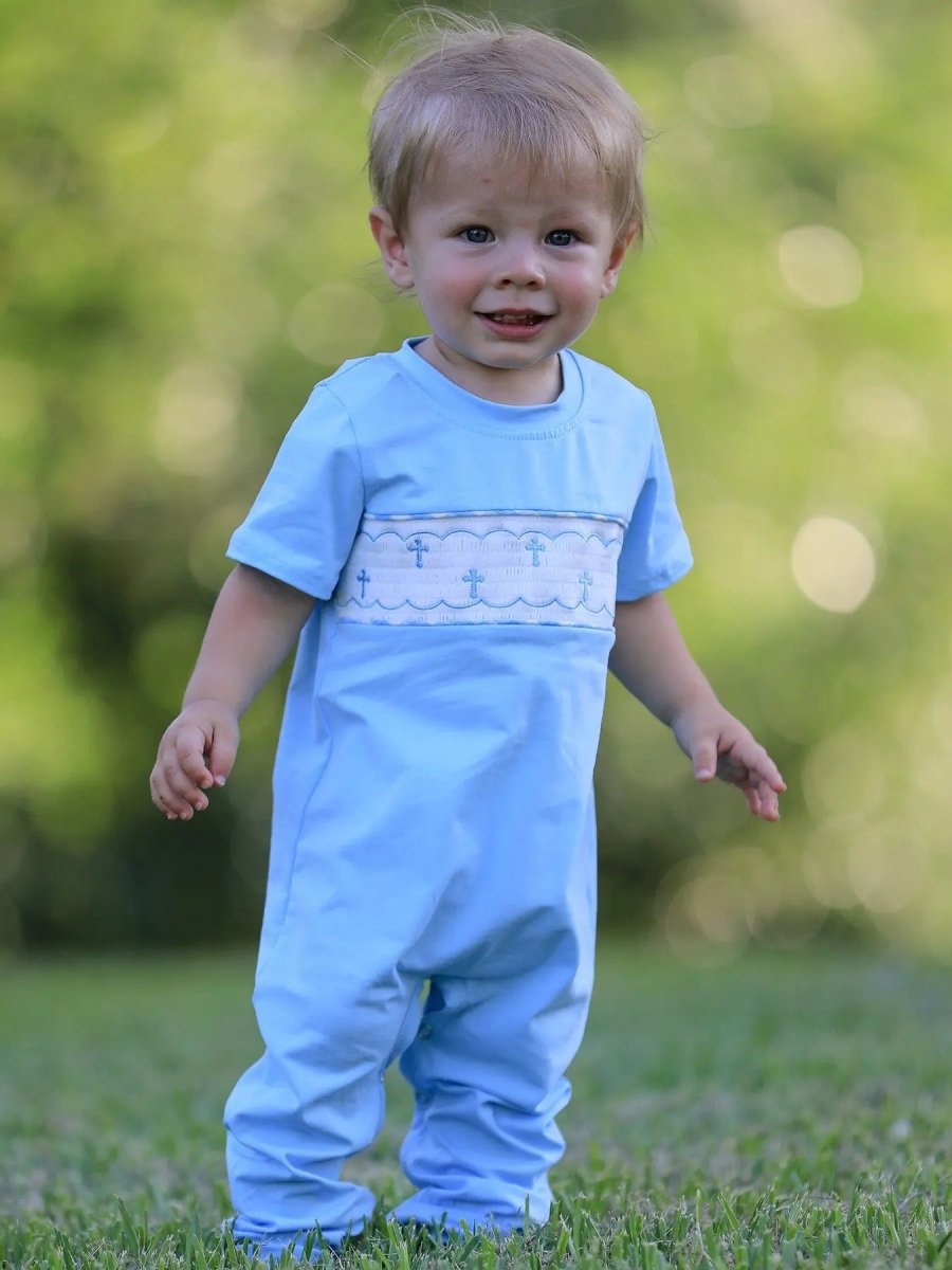 Rylee Faith Designs Blue Smocked Church Christ Bishop Christening Baby Boys Romper - Everetts Place Boutique - 