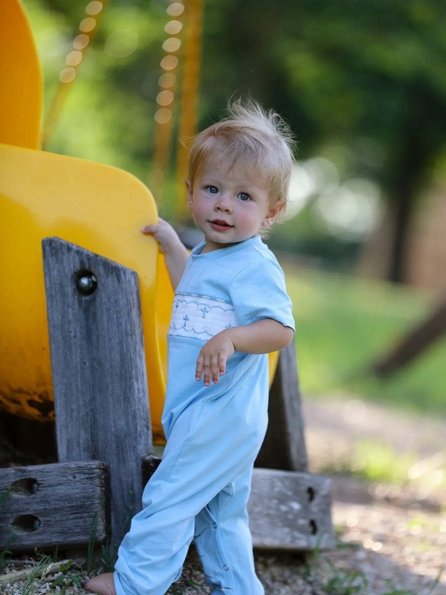 Rylee Faith Designs Blue Smocked Church Christ Bishop Christening Baby Boys Romper - Everetts Place Boutique - 