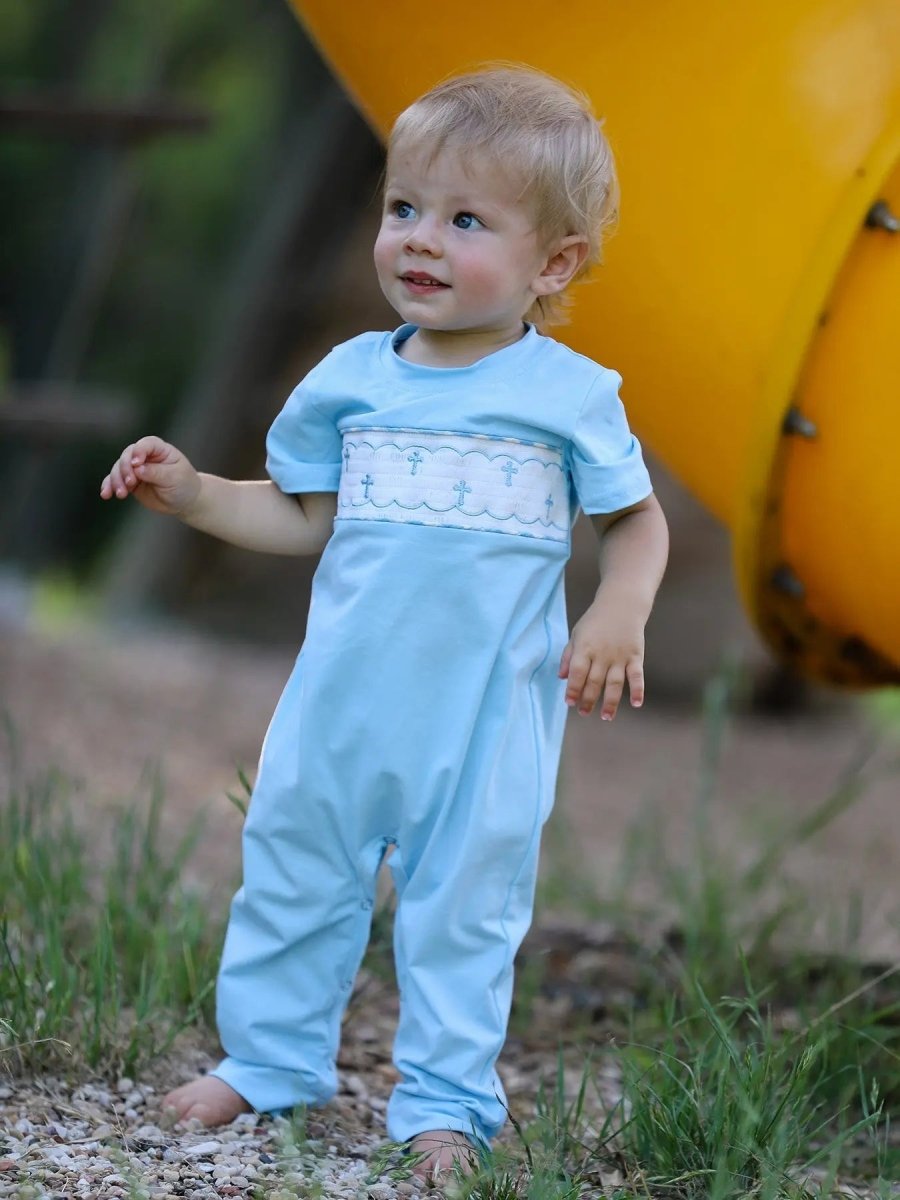 Rylee Faith Designs Blue Smocked Church Christ Bishop Christening Baby Boys Romper - Everetts Place Boutique - 