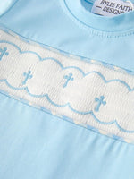 Rylee Faith Designs Blue Smocked Church Christ Bishop Christening Baby Boys Romper - Everetts Place Boutique - 