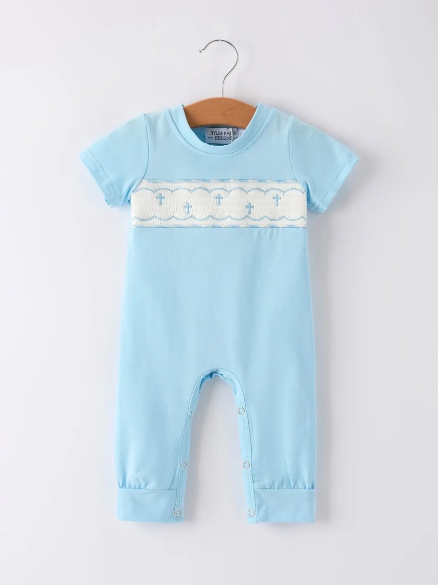 Rylee Faith Designs Blue Smocked Church Christ Bishop Christening Baby Boys Romper - Everetts Place Boutique - 