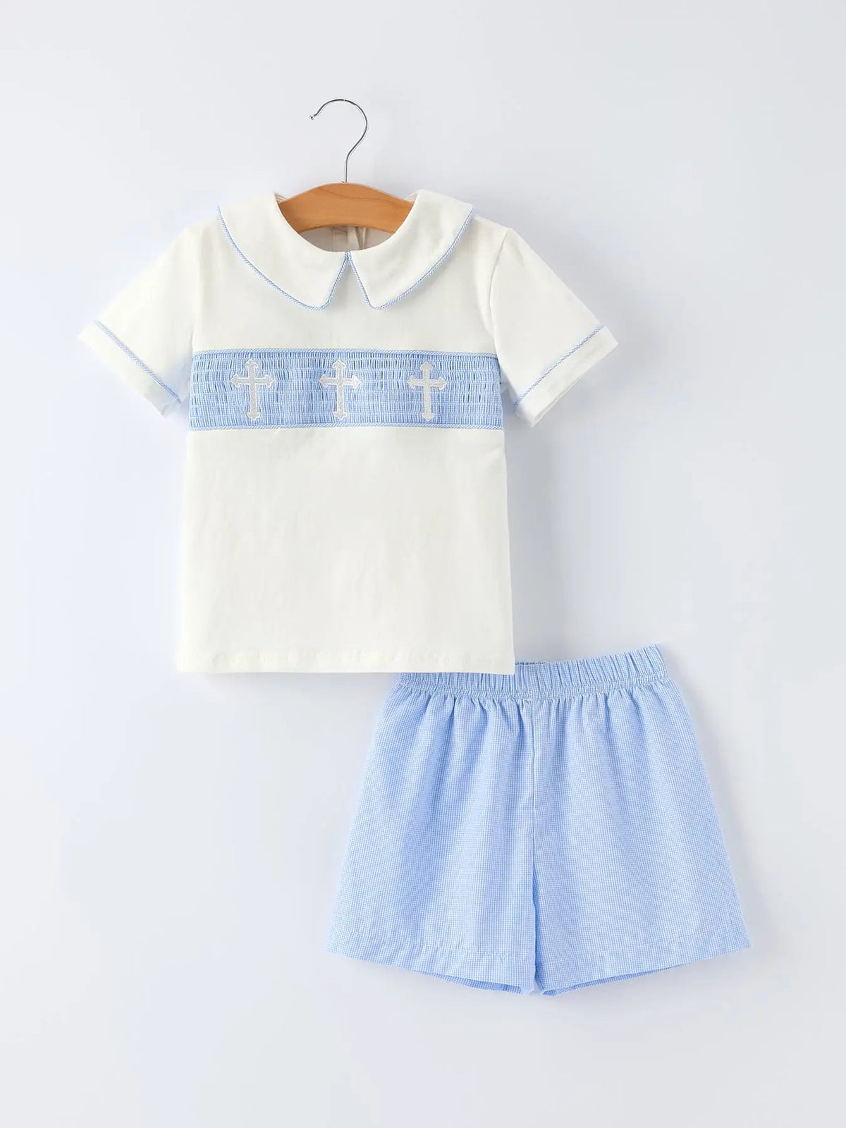 Rylee Faith Designs Blue Smocked Bishop Christening Toddler Boys Set Rylee Faith Designs 