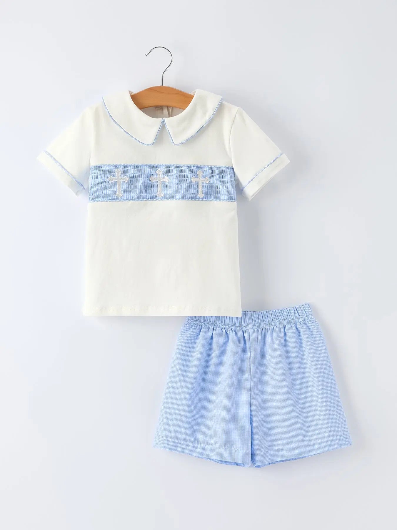 Rylee Faith Designs Blue Smocked Bishop Christening Toddler Boys Set Rylee Faith Designs 