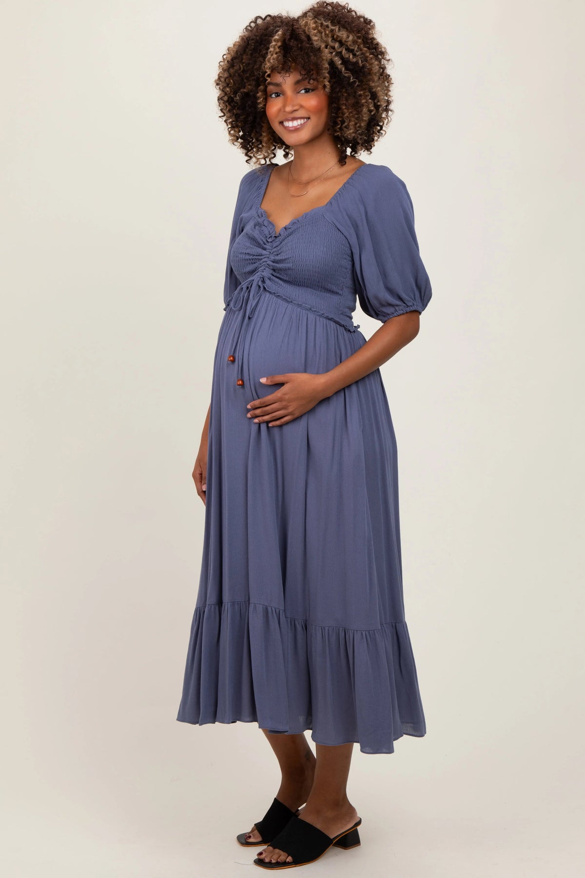 PinkBlush Blue Smocked Cinched Front Maternity Maxi Dress - 