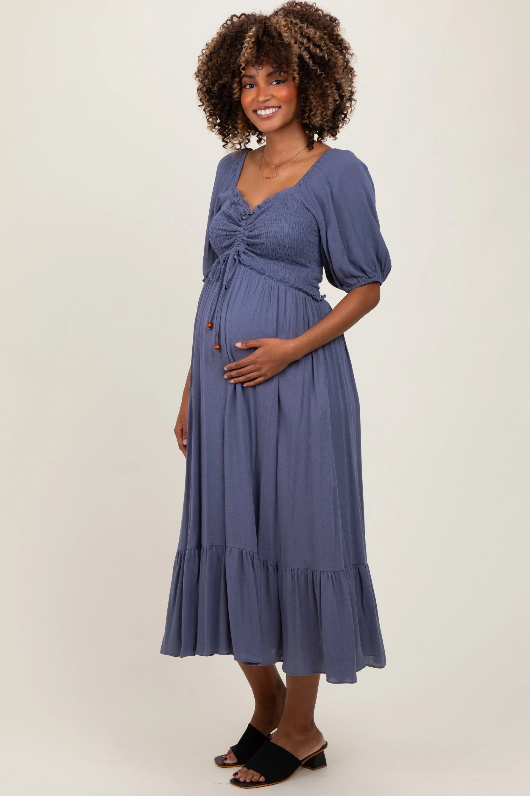 PinkBlush Blue Smocked Cinched Front Maternity Maxi Dress - 