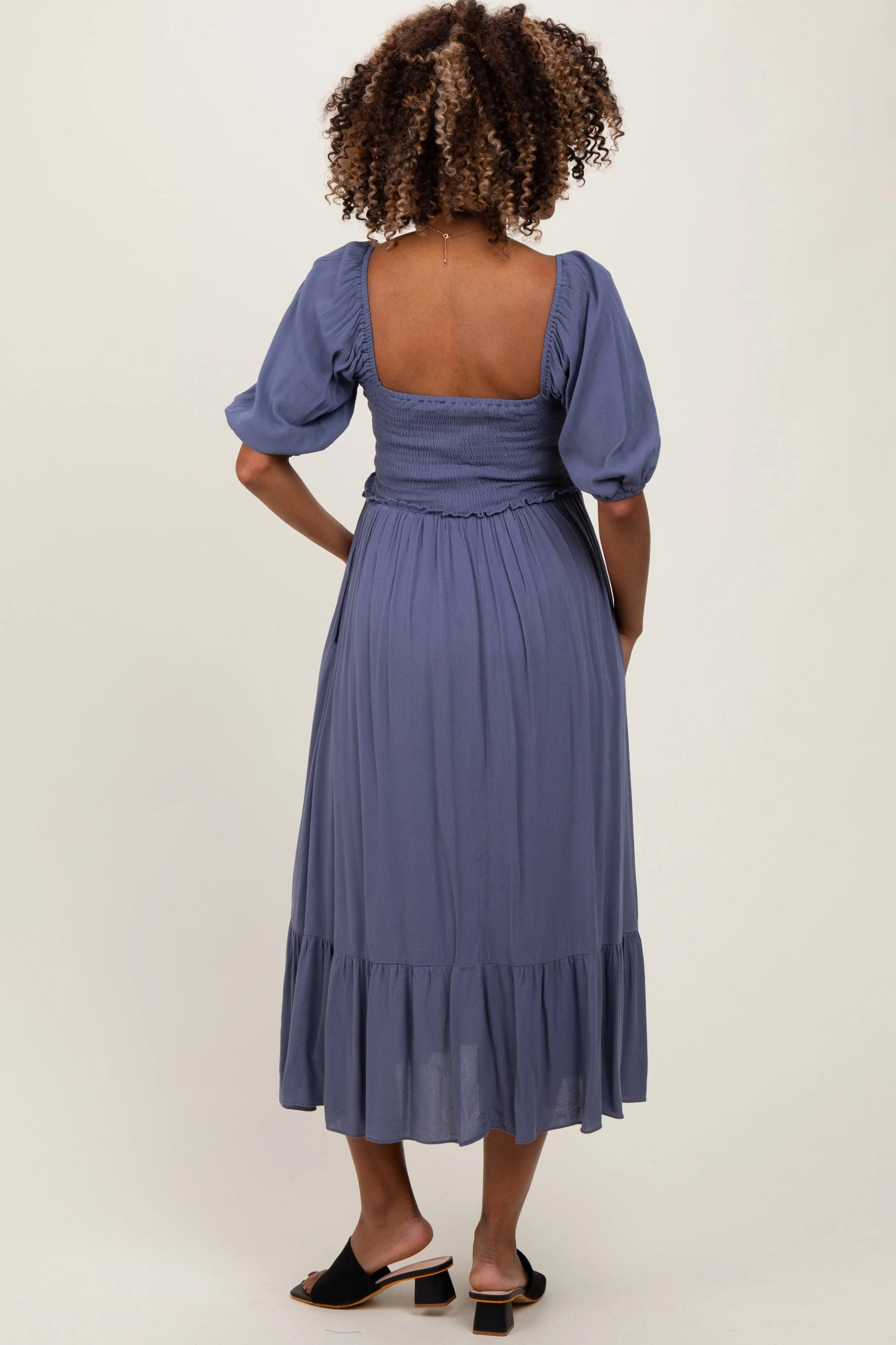 PinkBlush Blue Smocked Cinched Front Maternity Maxi Dress - 