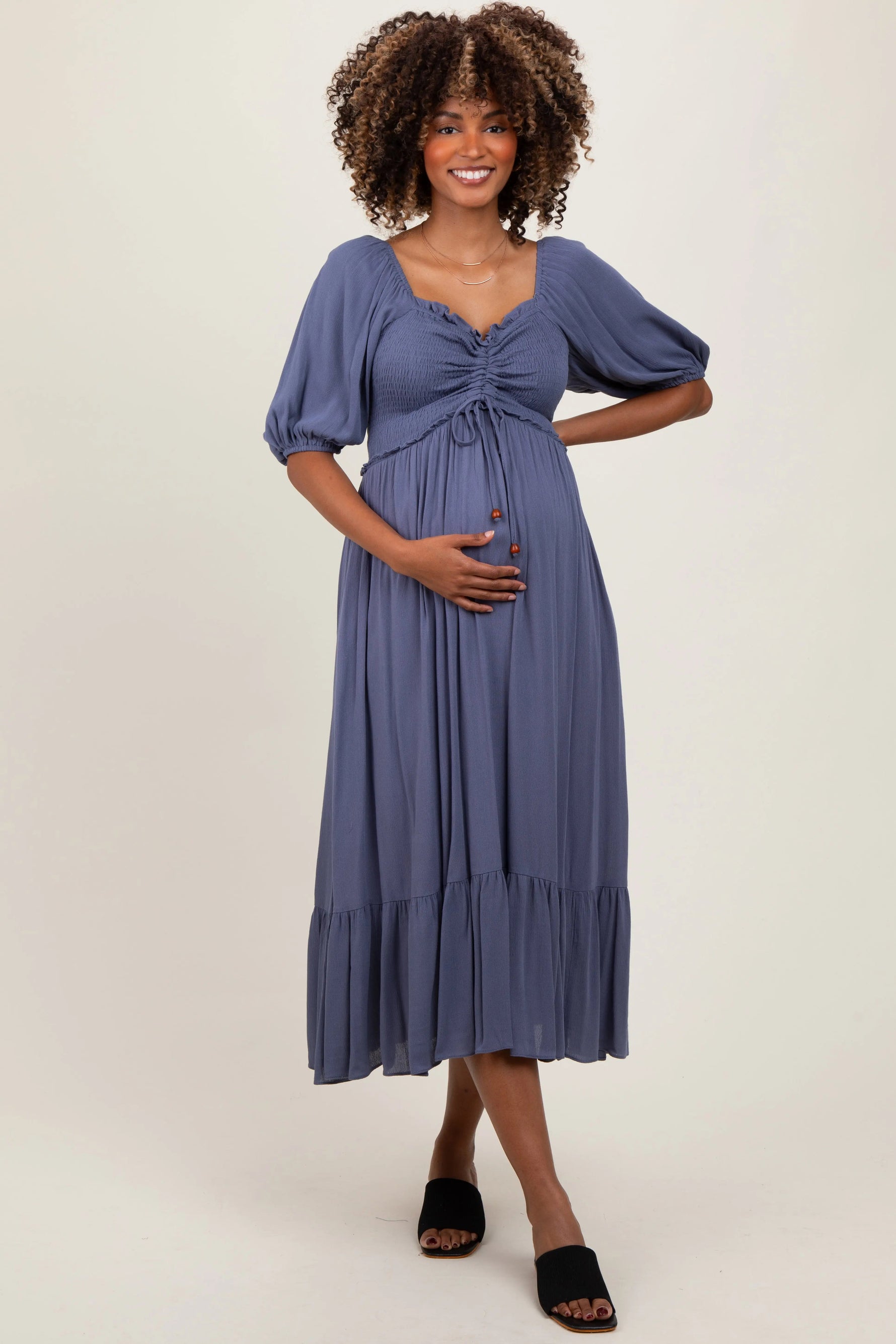 PinkBlush Blue Smocked Cinched Front Maternity Maxi Dress - 