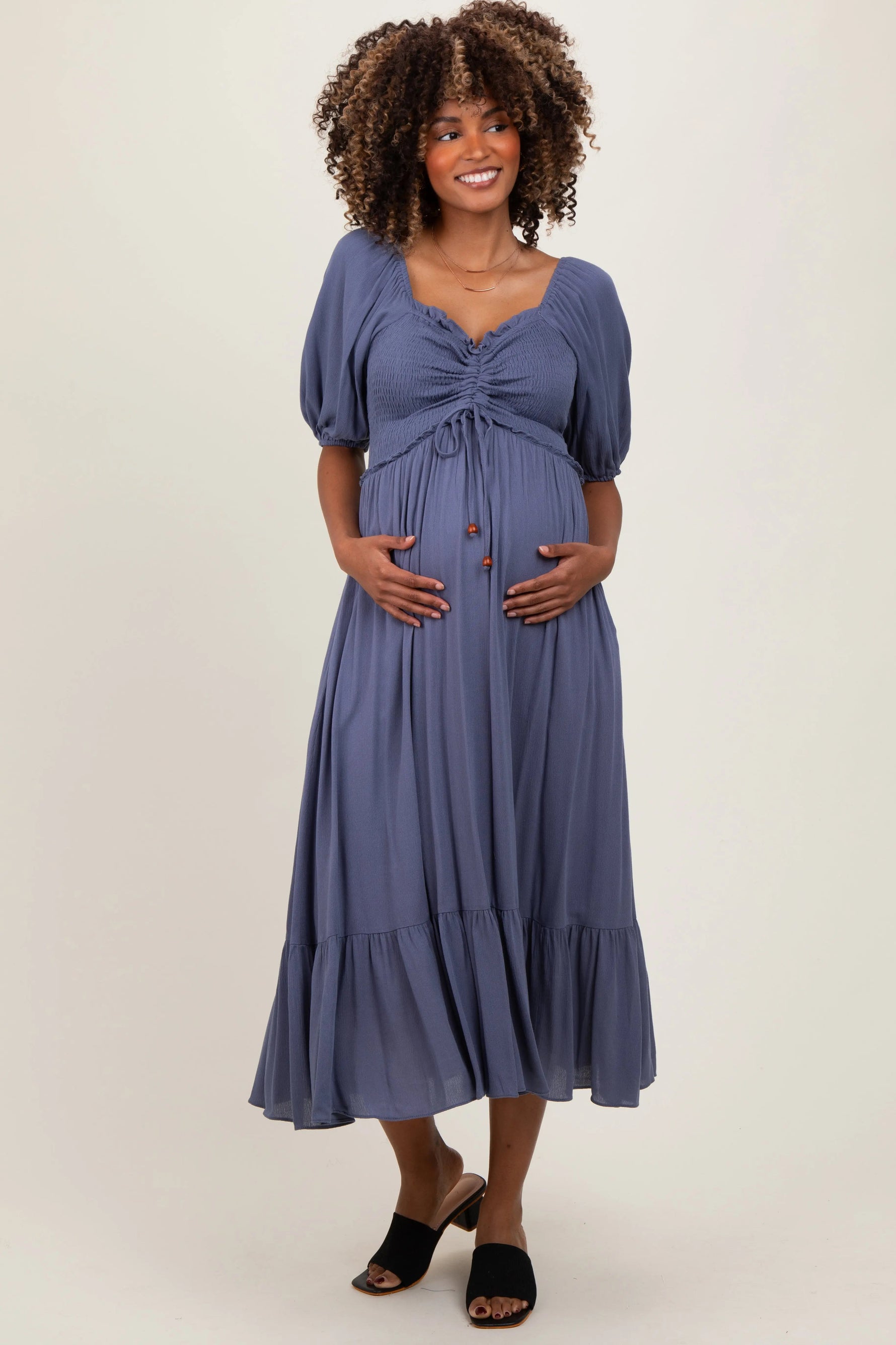 PinkBlush Blue Smocked Cinched Front Maternity Maxi Dress - 