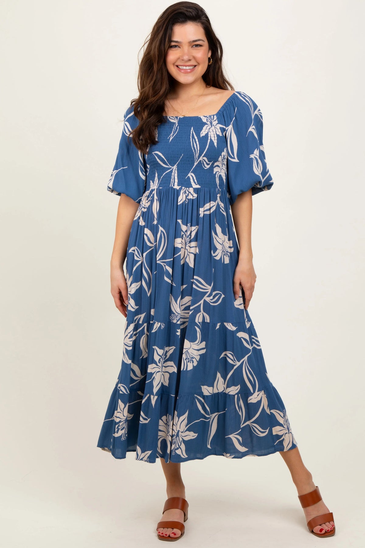 PinkBlush Blue Smocked Puff Sleeve Midi Dress - 