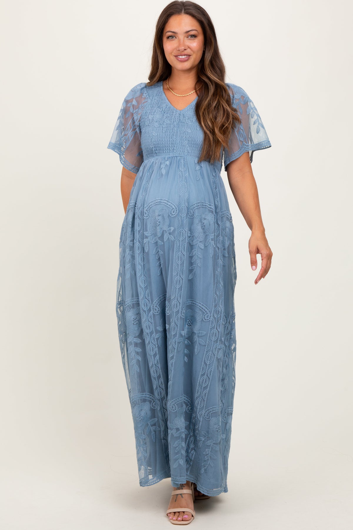 PinkBlush Blue Smocked Top Lace Maternity Maxi Dress