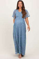 PinkBlush Blue Smocked Top Lace Maternity Maxi Dress