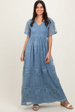 PinkBlush Blue Smocked Top Lace Maternity Maxi Dress
