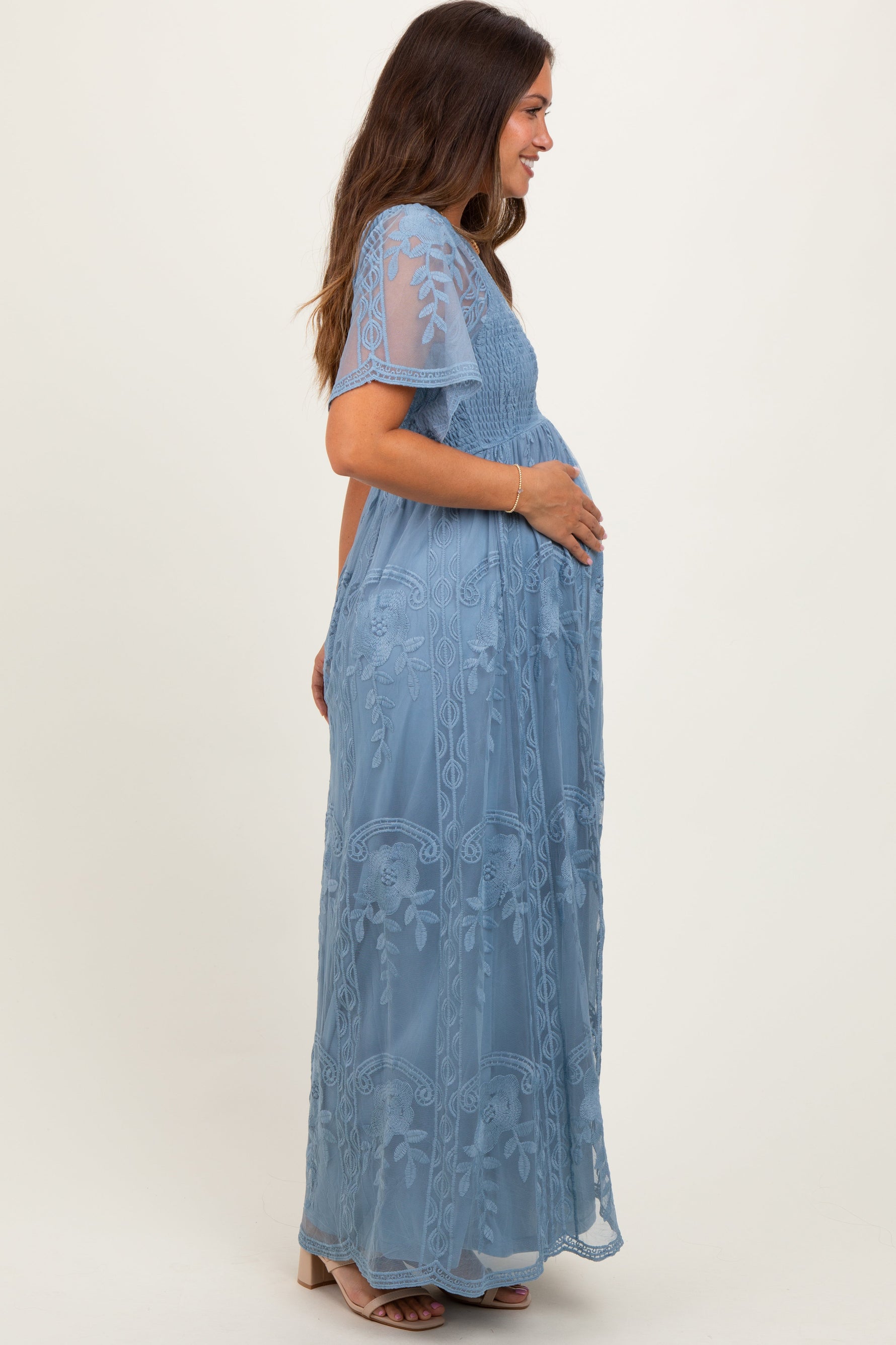 PinkBlush Blue Smocked Top Lace Maternity Maxi Dress