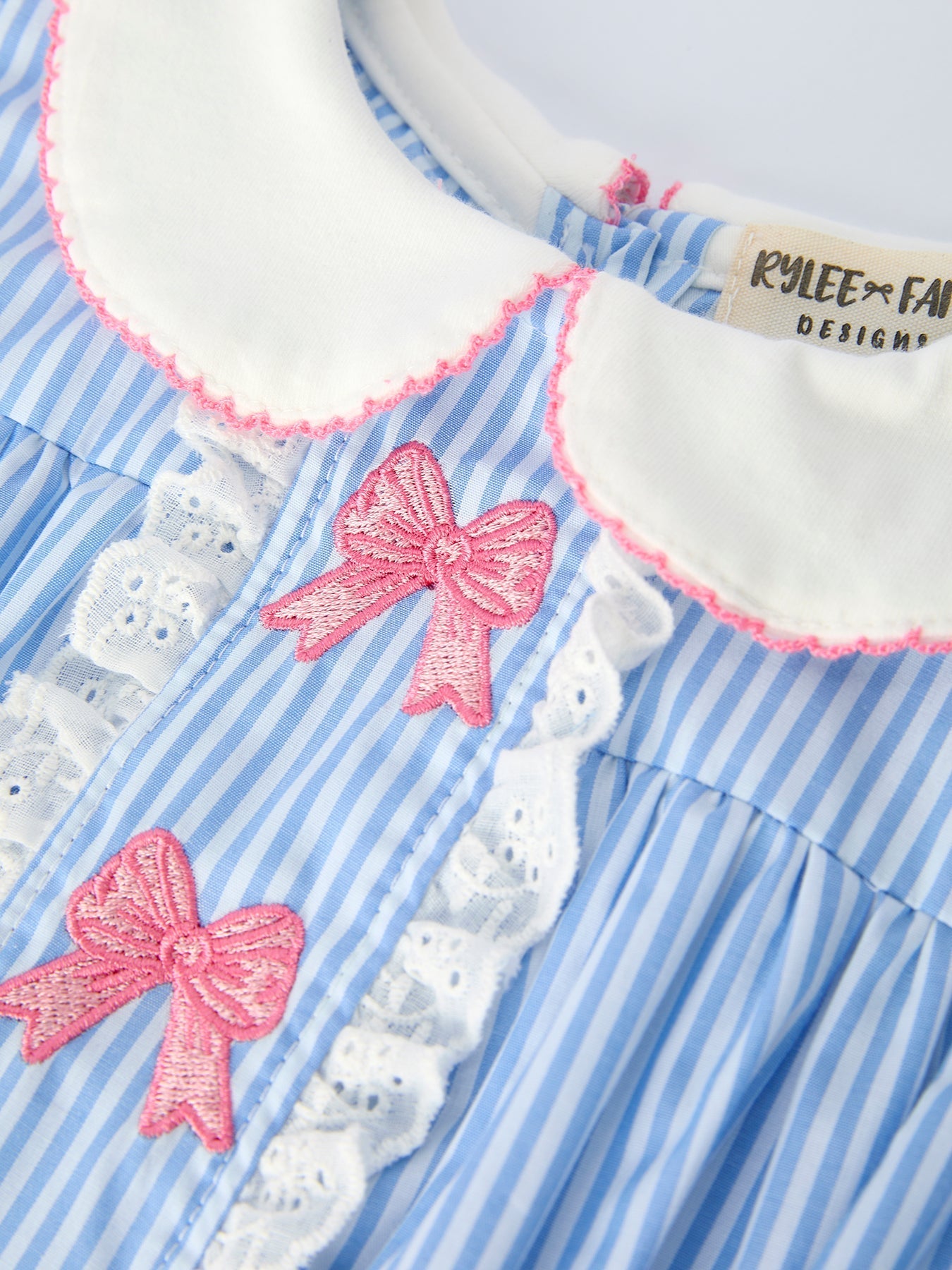 Rylee Faith Designs Blue Stripe Girl Romper Petal Peter Pan Collar BowEveretts Place