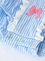 Rylee Faith Designs Blue Stripe Girl Romper Petal Peter Pan Collar BowEveretts Place
