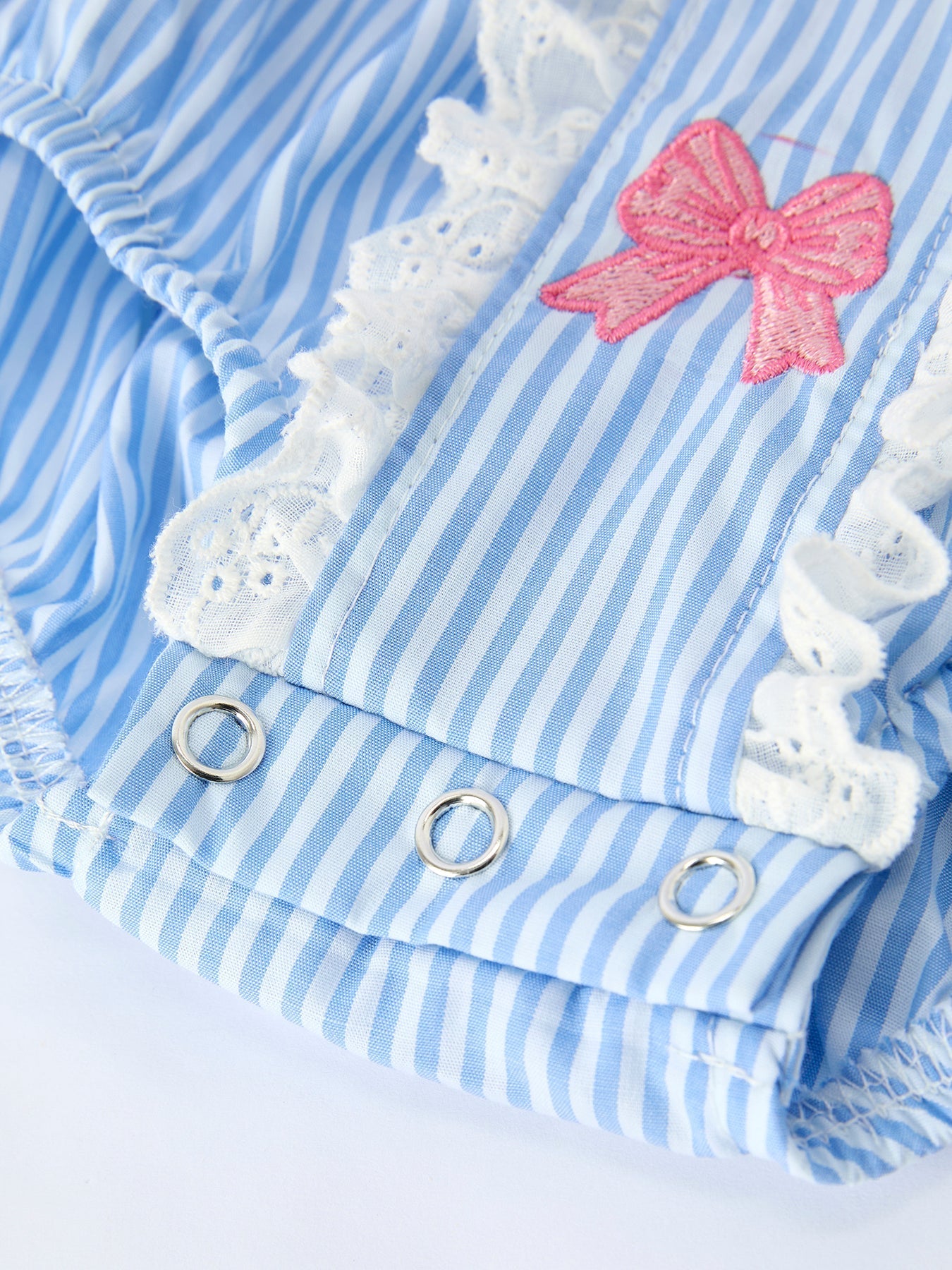 Rylee Faith Designs Blue Stripe Girl Romper Petal Peter Pan Collar BowEveretts Place