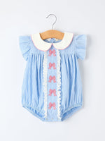 Rylee Faith Designs Blue Stripe Girl Romper Petal Peter Pan Collar BowEveretts Place