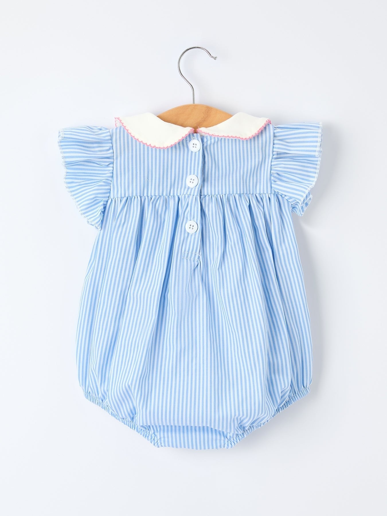 Rylee Faith Designs Blue Stripe Girl Romper Petal Peter Pan Collar BowEveretts Place