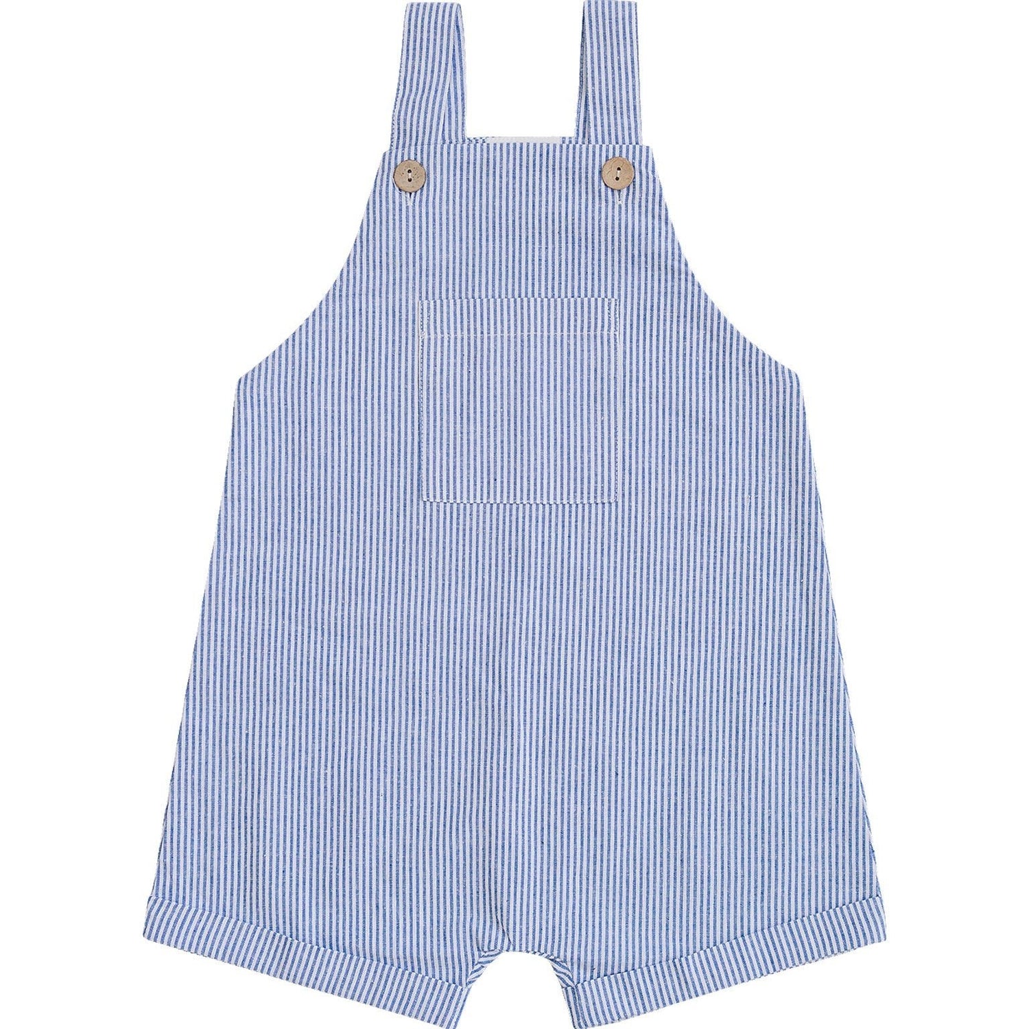 Baby short overalls in blue and white stripes with adjustable button straps and front pocket.