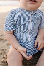 Mebie Baby Blue Stripe Zipper One Piece Swimsuit For Babies With Front Zipper - 