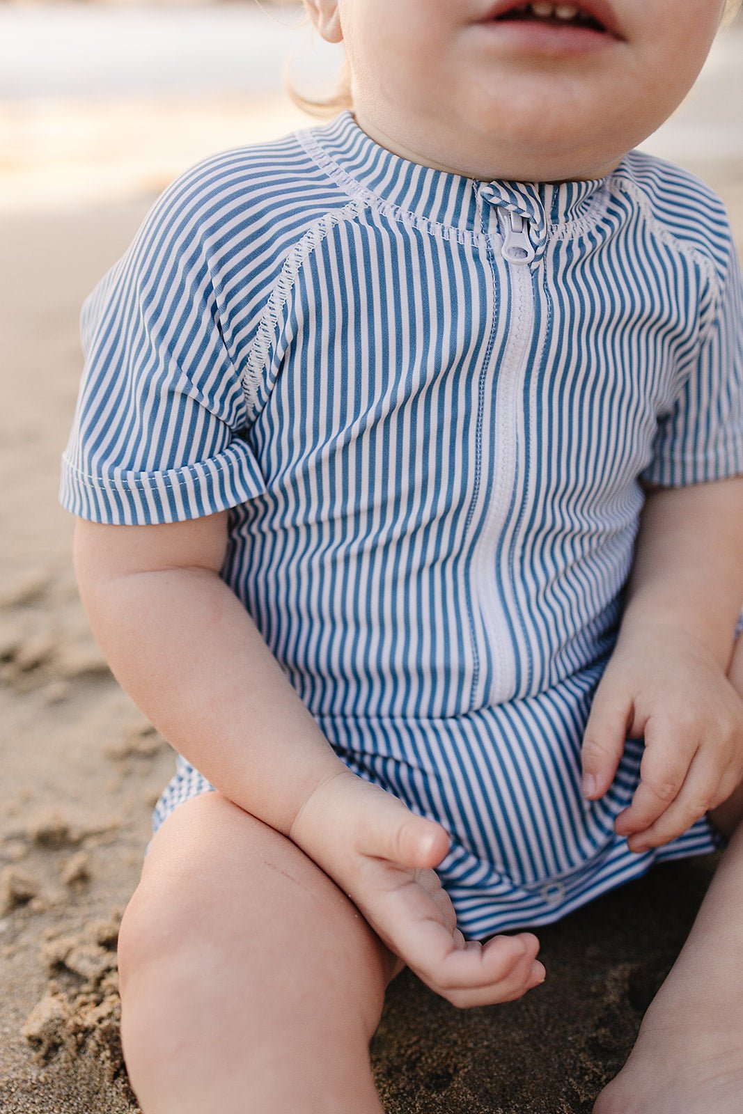Mebie Baby Blue Stripe Zipper One Piece Swimsuit For Babies With Front Zipper - 