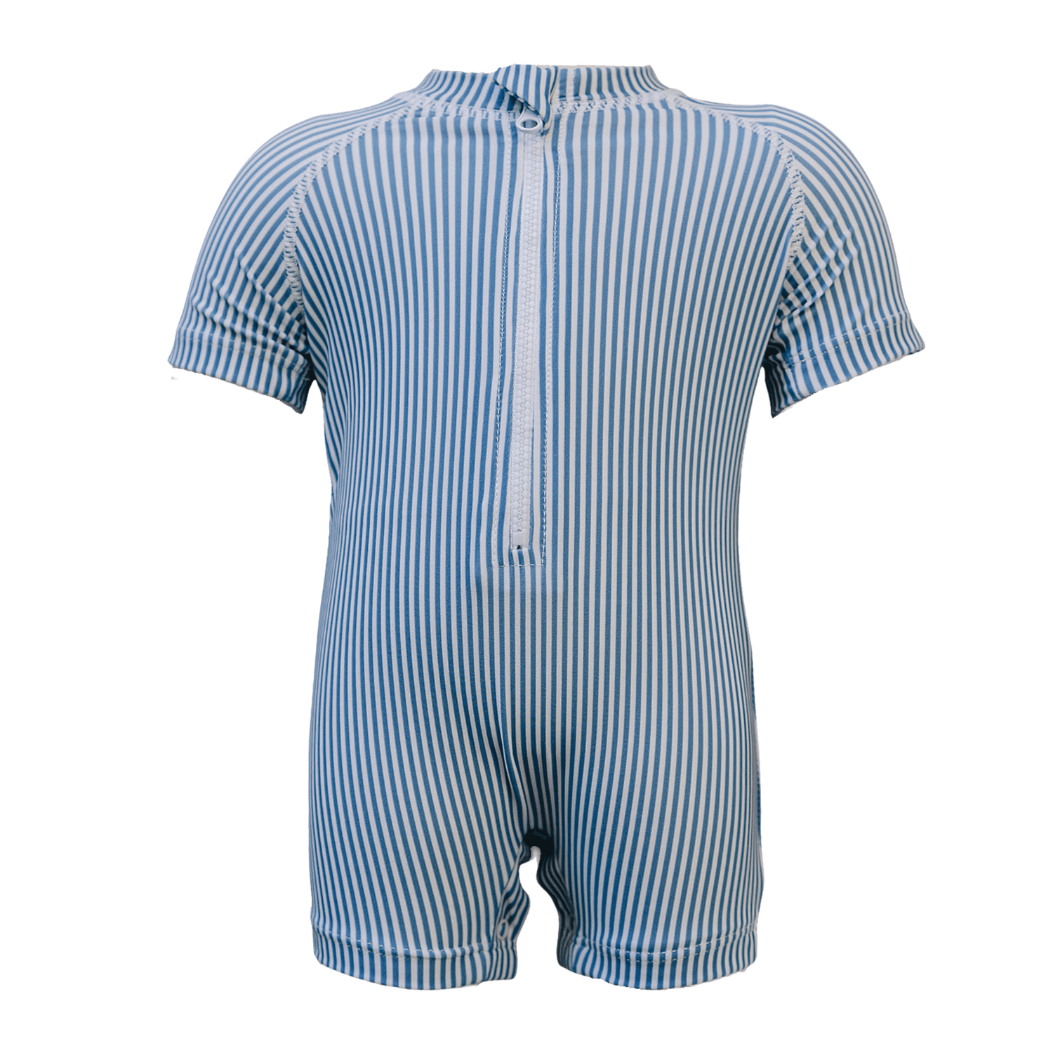 Blue and white striped baby one-piece swimsuit with a front zipper and buttoned bottom.