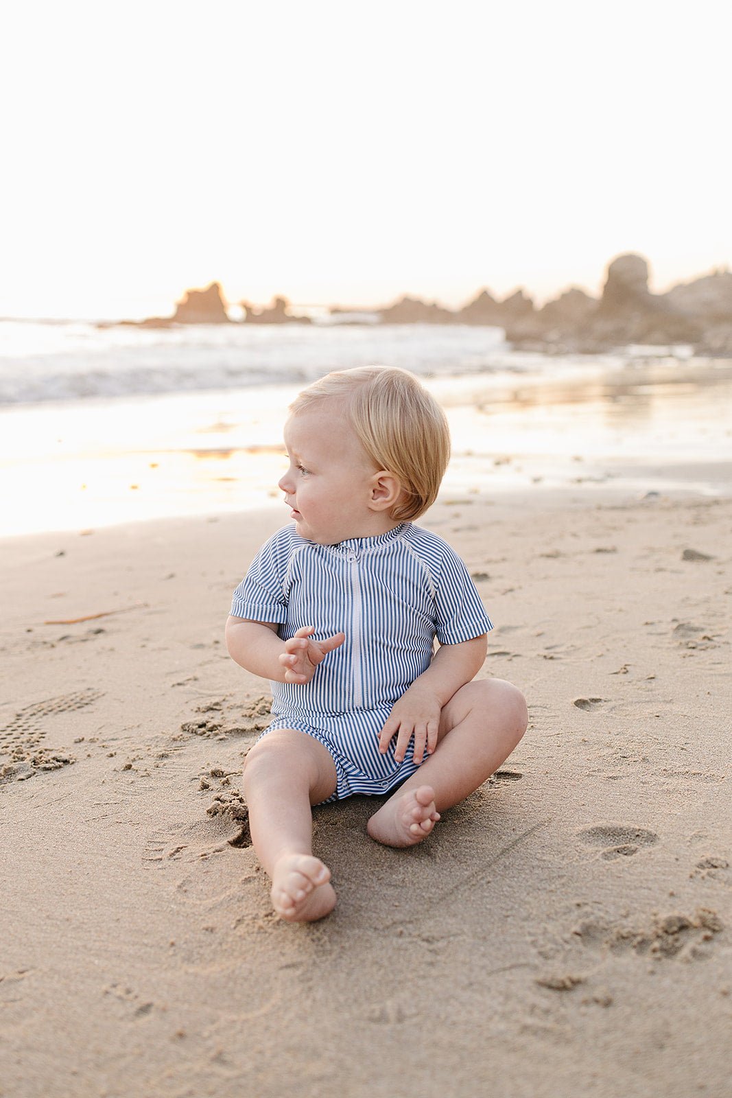 Mebie Baby Blue Stripe Zipper One Piece Swimsuit For Babies With Front Zipper - 