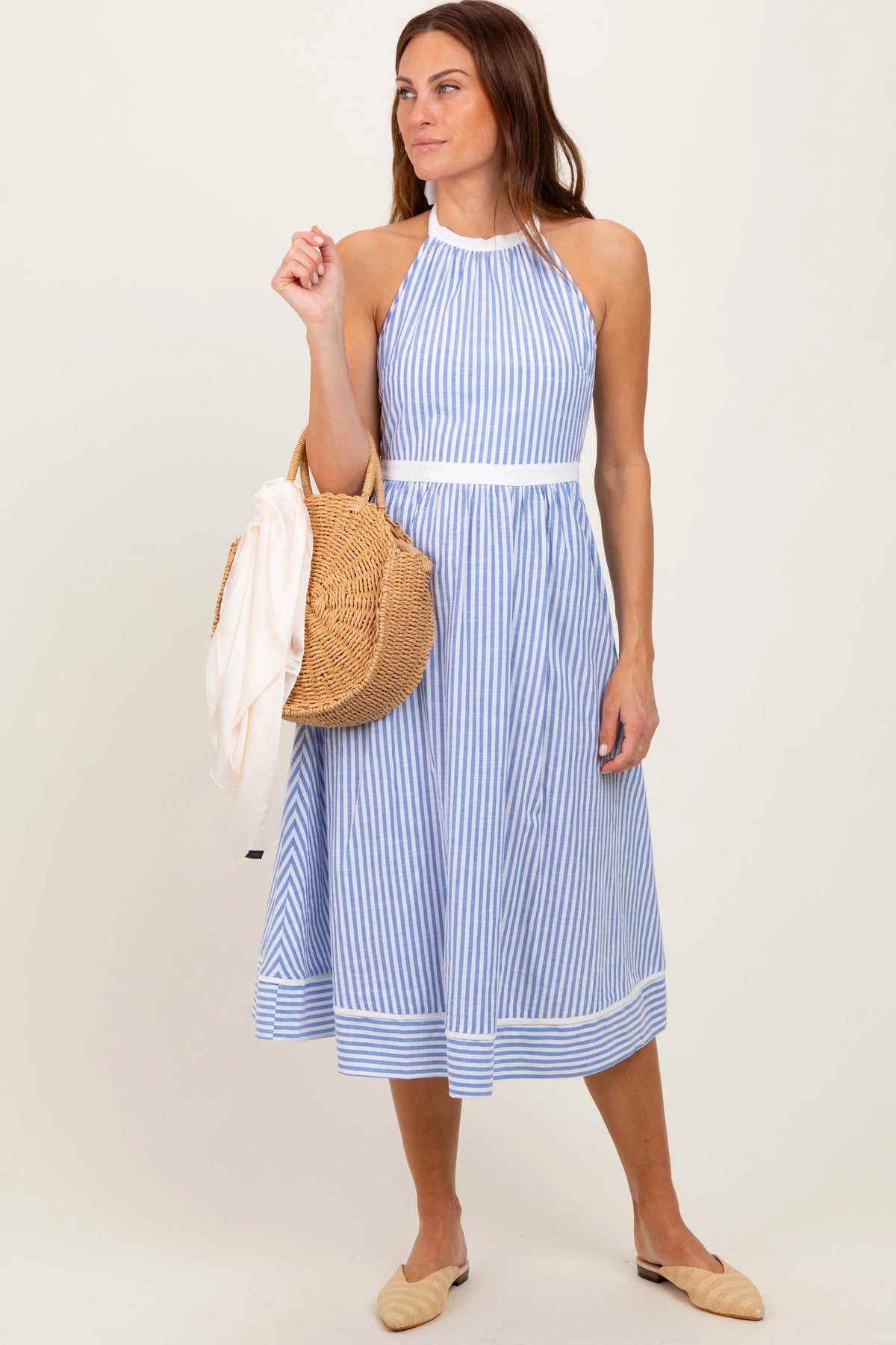 PinkBlush Blue Striped Halter Maternity Tie Back Cutout Midi Dress - 