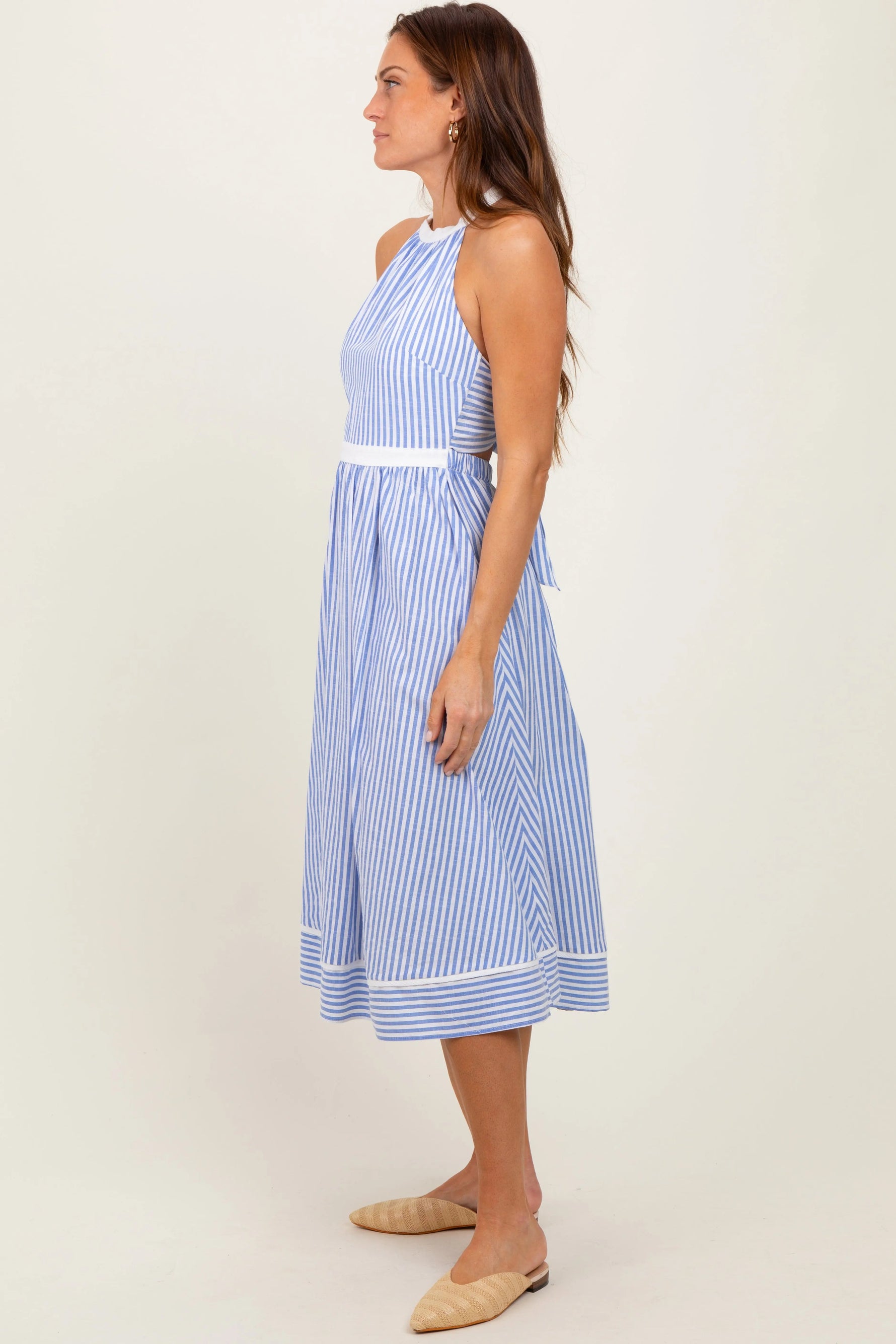 PinkBlush Blue Striped Halter Maternity Tie Back Cutout Midi Dress - 