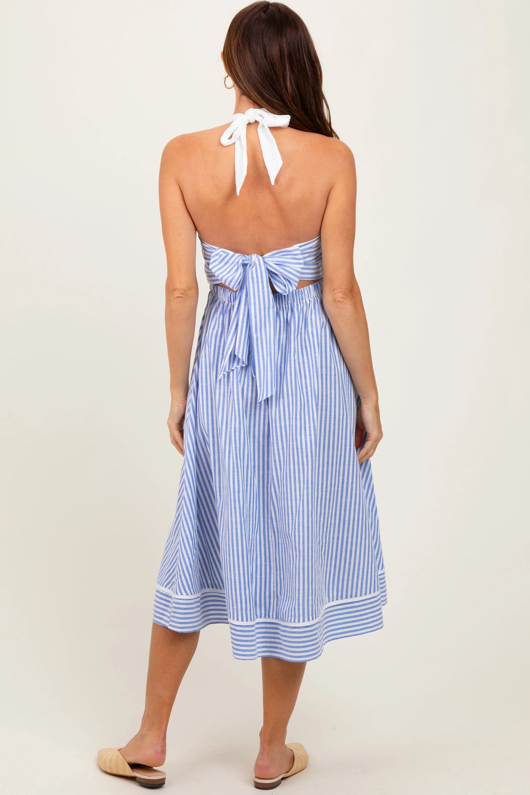 PinkBlush Blue Striped Halter Maternity Tie Back Cutout Midi Dress - 