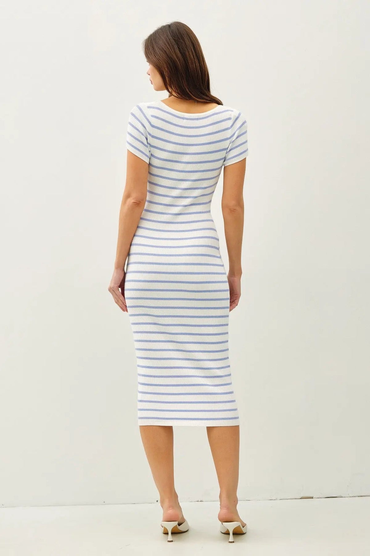 PinkBlush Blue Striped Square Neck Short Sleeve Midi Dress - 