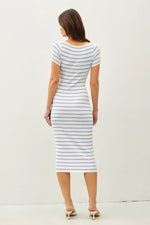 PinkBlush Blue Striped Square Neck Short Sleeve Midi Dress - 