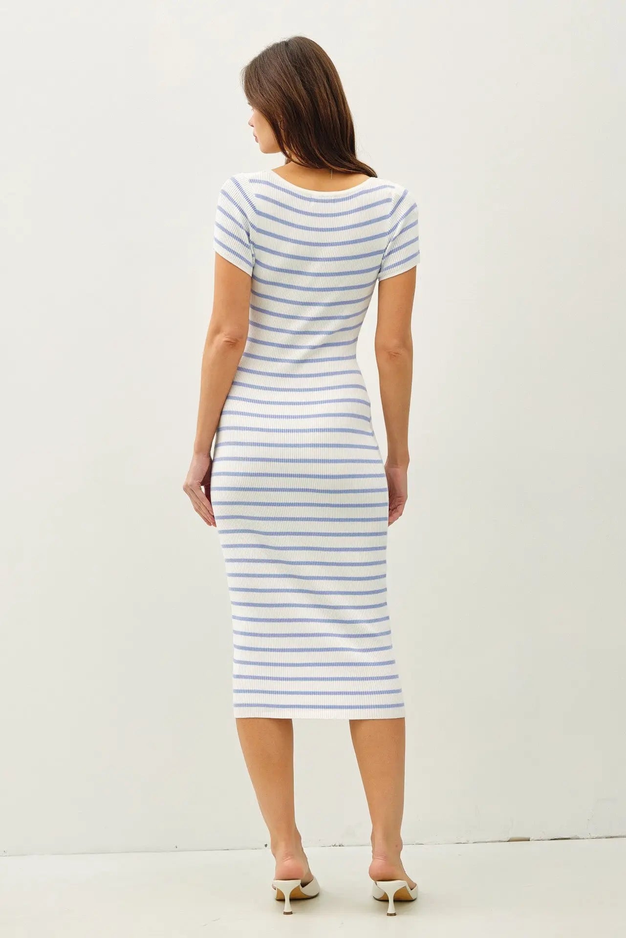 PinkBlush Blue Striped Square Neck Short Sleeve Midi Dress - 
