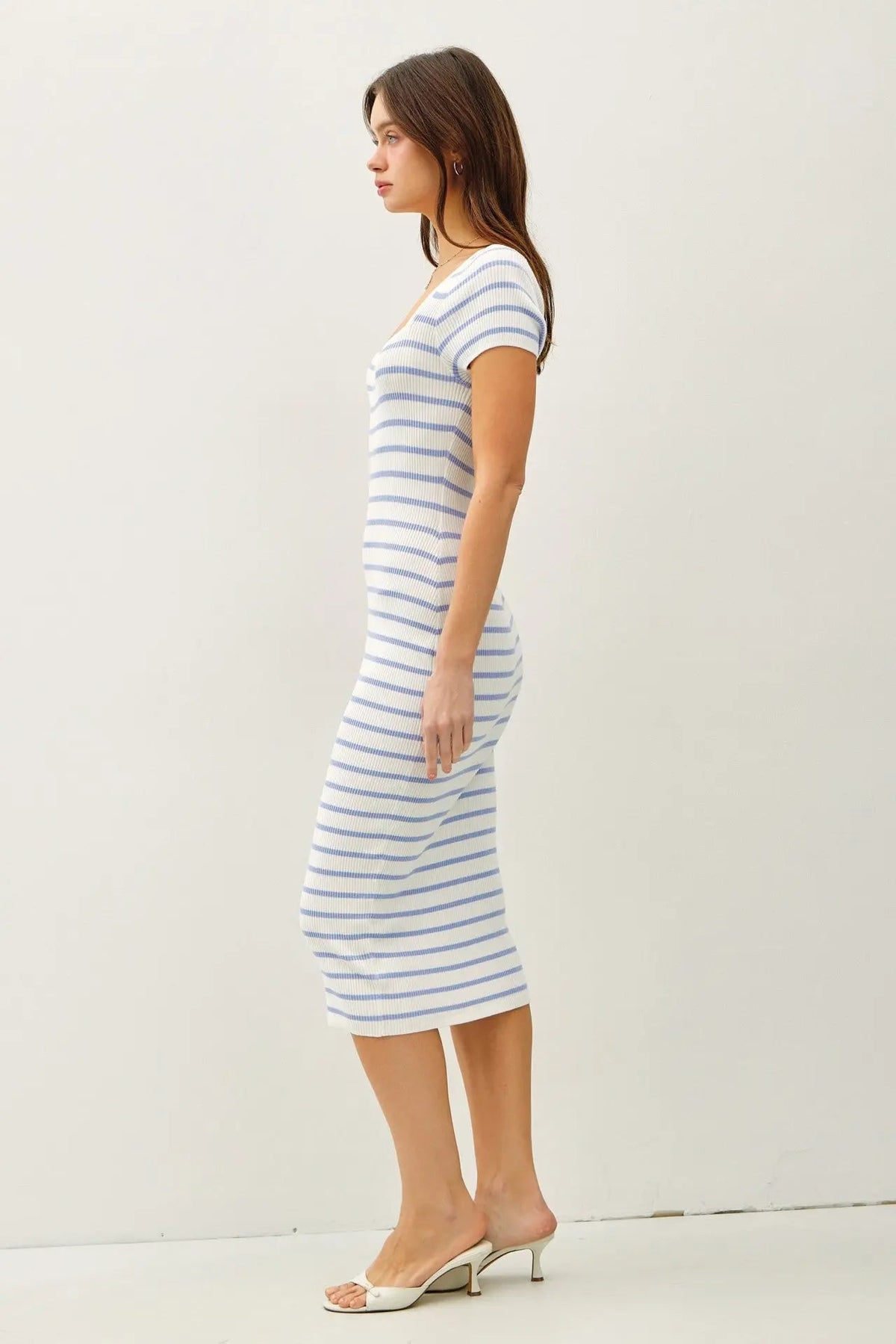 PinkBlush Blue Striped Square Neck Short Sleeve Midi Dress - 