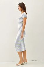 PinkBlush Blue Striped Square Neck Short Sleeve Midi Dress - 