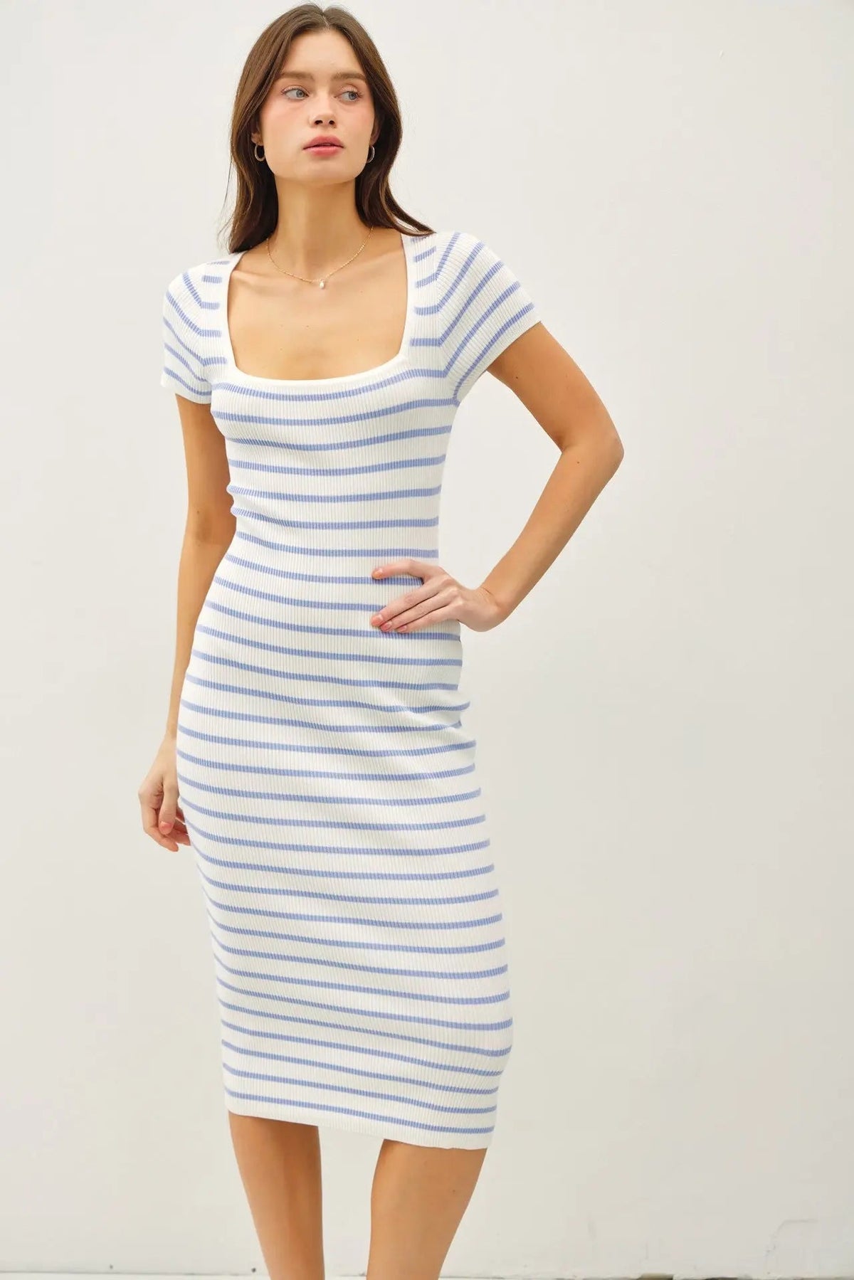 PinkBlush Blue Striped Square Neck Short Sleeve Midi Dress - 
